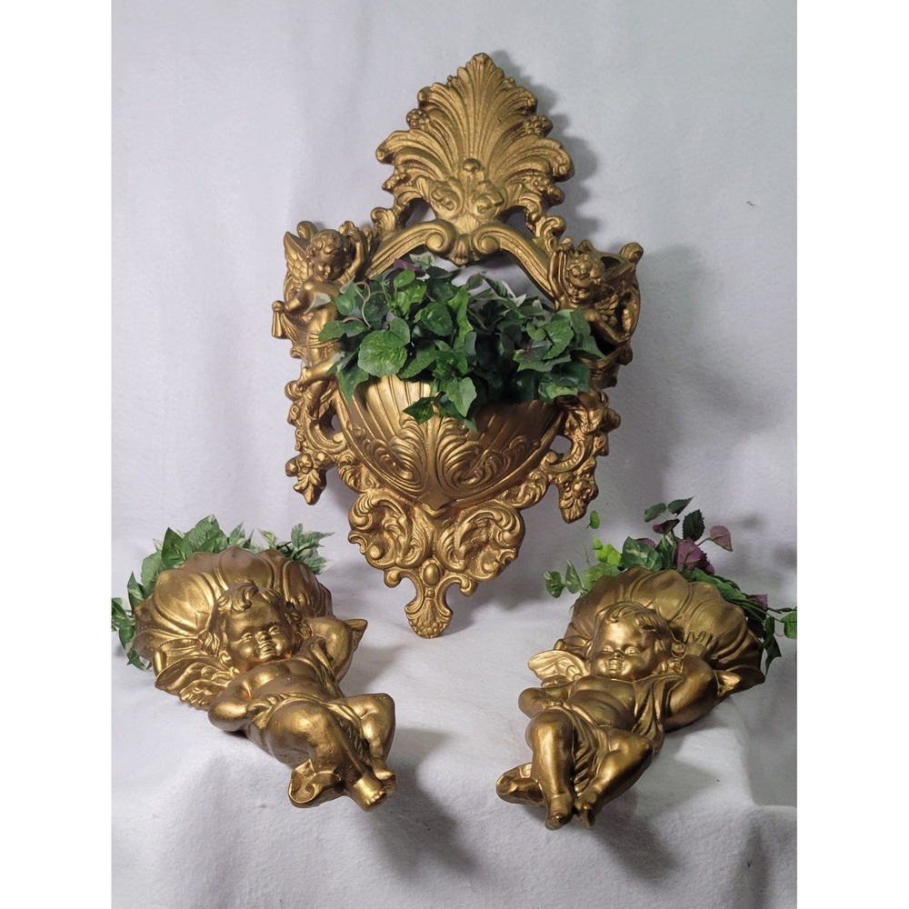 Vintage 3 Piece Ensemble Cherub Chalkware Wall Pockets Hollywood Regency MCM